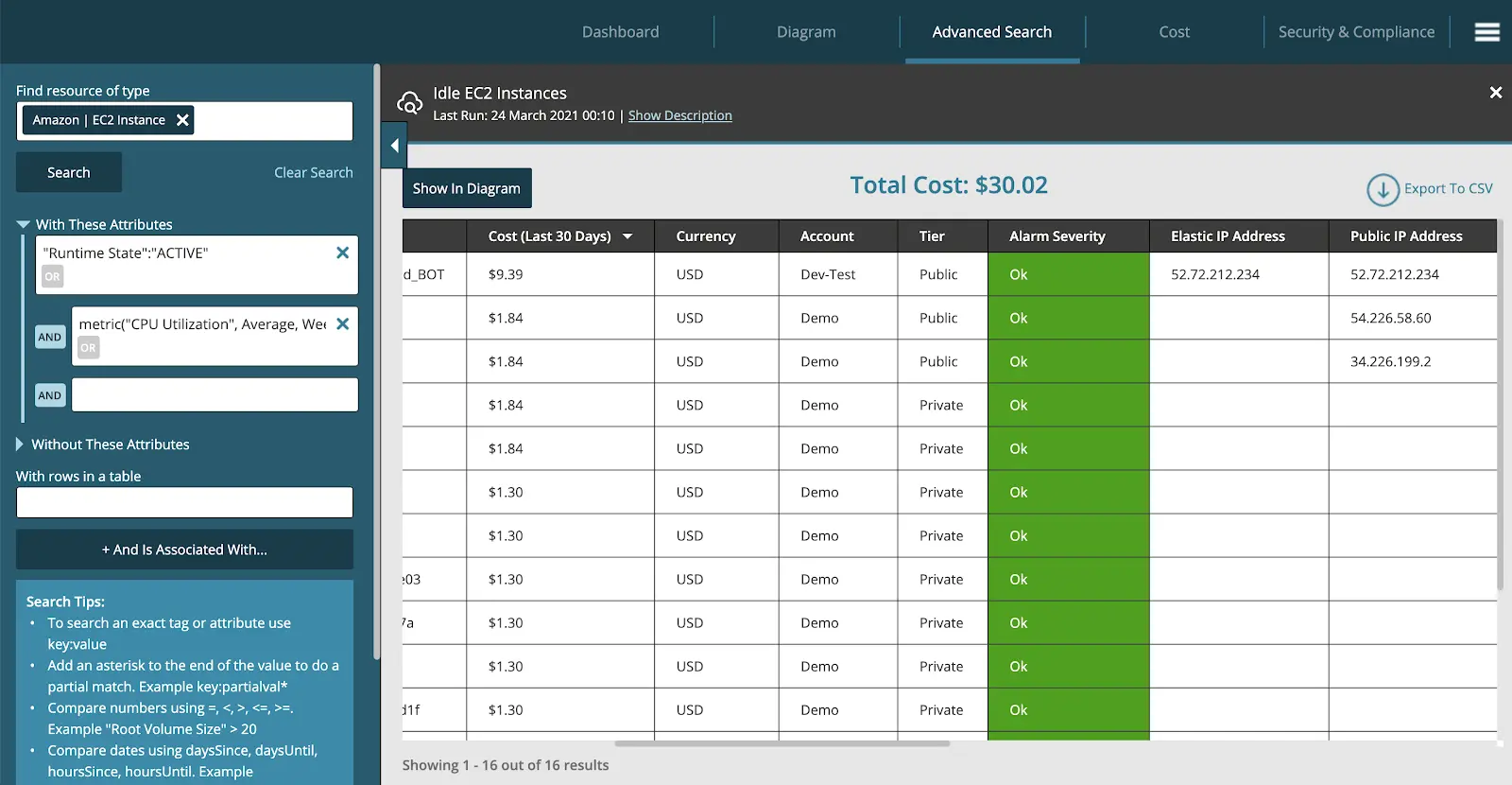 Hyperglance automated advanced search rules for idle EC2 instances