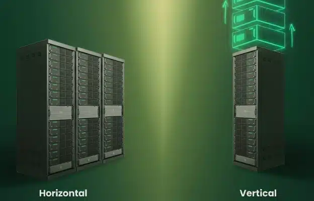 Illustration comparing horizontal scaling with multiple smaller units versus vertical scaling with a single larger unit in cloud computing.