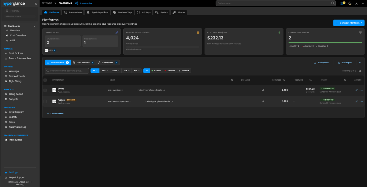 platforms-page-dark Hyperglance cloud platforms setup (dark mode)